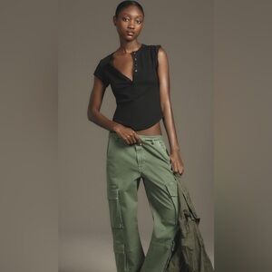 Pilcro The Andie Ribbed Henley Top Short-Sleeve Edition SZ: XL